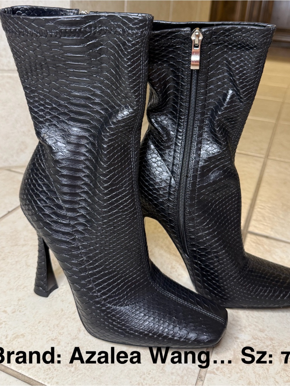 Azalea Wang Black Snake-Embossed Stiletto Ankle Boots